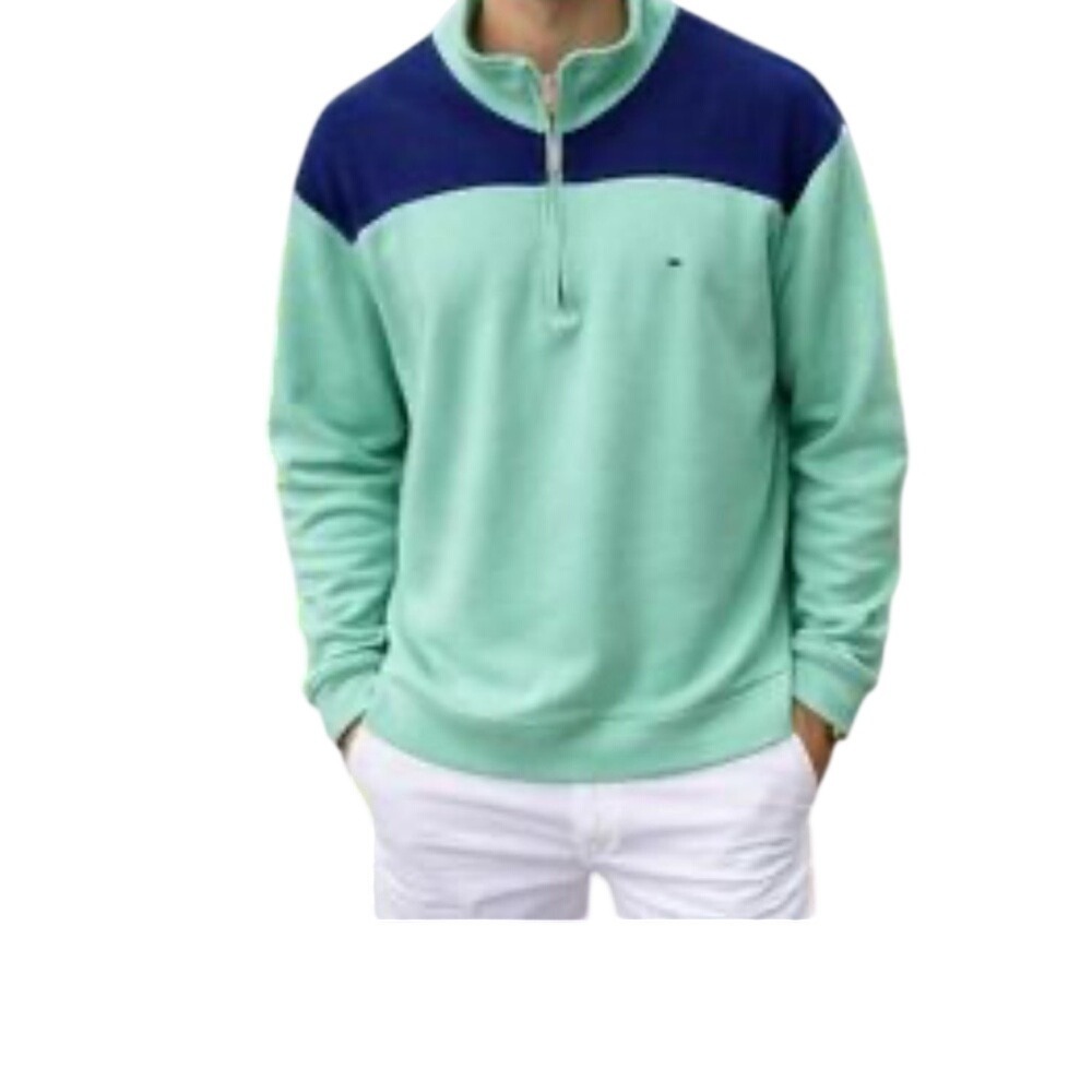Crown Ivy Mens Colorblock Quarter Zip Pullover Sweater Green Navy Large